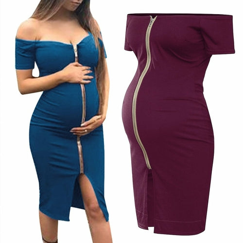 Maternity Clothing Dresses Skirt Pure Color Short Sleeves One Shoulder